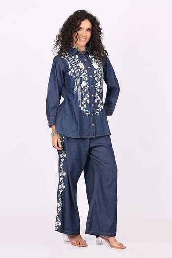 Buy_Soniya G_Blue Denim Embroidery Collared Shirt And Palazzo Set 