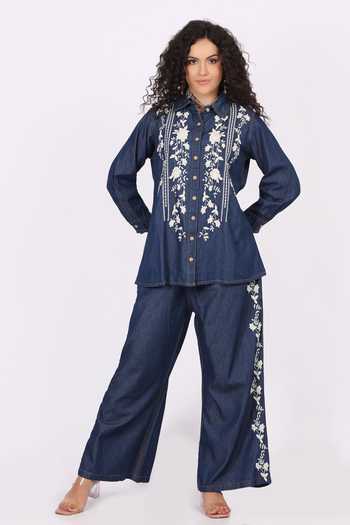 Soniya G Embroidered Denim Shirt & Palazzo Set 