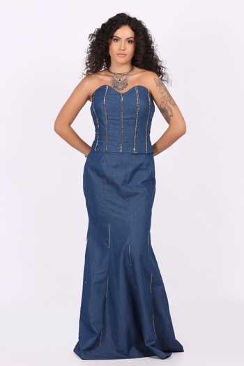 Soniya G_Blue Denim Embroidery Open , Sweetheart Jacket Skirt Set _Online_at_Aza_Fashions