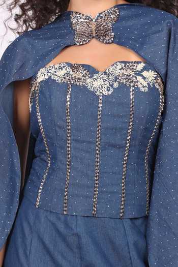 Soniya G_Blue Denim Sequins, Beads, Crystals Butterfly Embroidered Cape Dupatta Skirt Set _Online_at_Aza_Fashions
