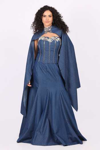 Buy_Soniya G_Blue Denim Sequins, Beads, Crystals Butterfly Embroidered Cape Dupatta Skirt Set _Online_at_Aza_Fashions
