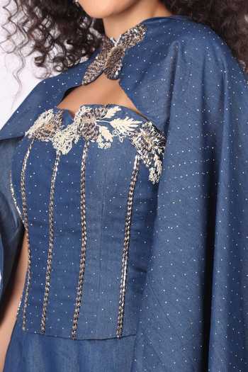 Shop_Soniya G_Blue Denim Sequins, Beads, Crystals Butterfly Embroidered Cape Dupatta Skirt Set _Online_at_Aza_Fashions
