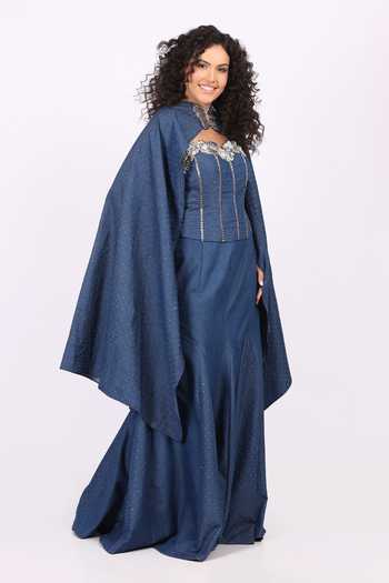 Soniya G_Blue Denim Sequins, Beads, Crystals Butterfly Embroidered Cape Dupatta Skirt Set _at_Aza_Fashions