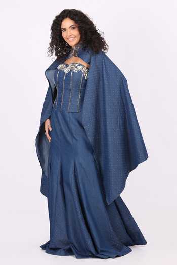 Buy_Soniya G_Blue Denim Sequins, Beads, Crystals Butterfly Embroidered Cape Dupatta Skirt Set 