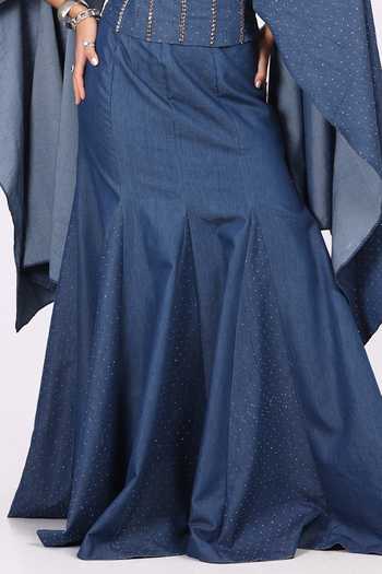 Shop_Soniya G_Blue Denim Sequins, Beads, Crystals Butterfly Embroidered Cape Dupatta Skirt Set 