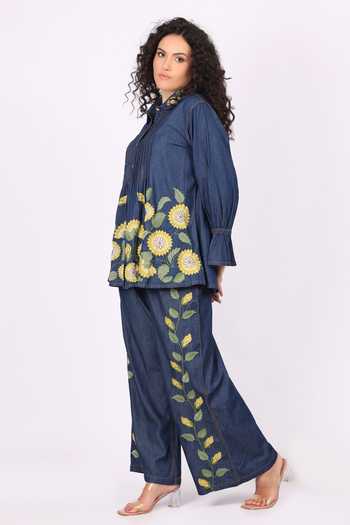 Soniya G_Blue Denim Embroidery Collared Floral Shirt And Palazzo Set _Online_at_Aza_Fashions