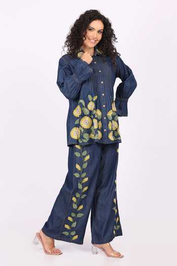 Buy_Soniya G_Blue Denim Embroidery Collared Floral Shirt And Palazzo Set _Online_at_Aza_Fashions