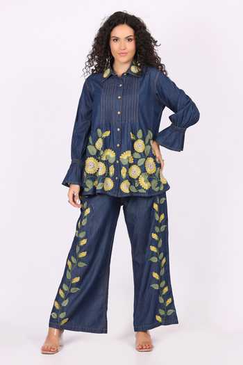 Soniya G Floral Embroidered Denim Shirt & Palazzo Set 