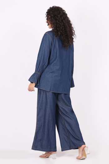 Soniya G Floral Embroidered Denim Shirt & Palazzo Set 