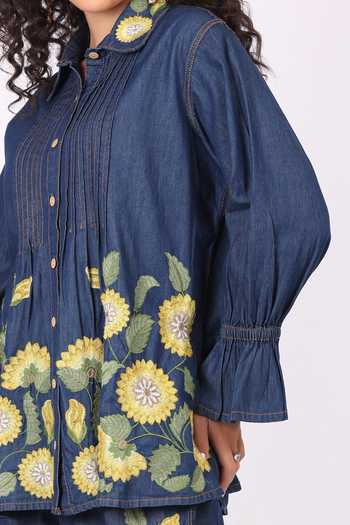 Shop_Soniya G_Blue Denim Embroidery Collared Floral Shirt And Palazzo Set _Online_at_Aza_Fashions