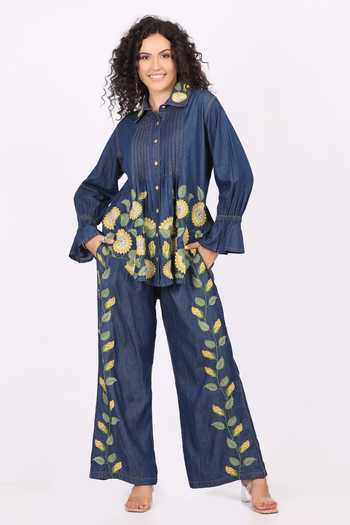 Soniya G_Blue Denim Embroidery Collared Floral Shirt And Palazzo Set _at_Aza_Fashions
