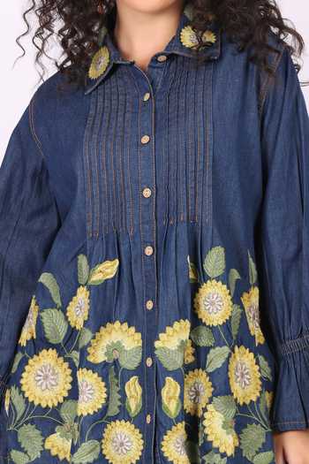 Buy_Soniya G_Blue Denim Embroidery Collared Floral Shirt And Palazzo Set 