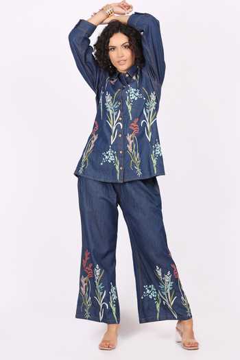 Soniya G_Blue Denim Embroidery Collared Shirt And Palazzo Set _Online_at_Aza_Fashions