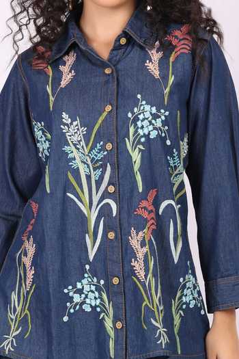 Buy_Soniya G_Blue Denim Embroidery Collared Shirt And Palazzo Set _Online_at_Aza_Fashions