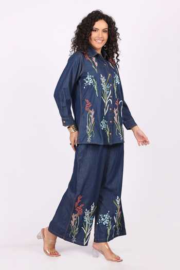 Soniya G_Blue Denim Embroidery Collared Shirt And Palazzo Set _at_Aza_Fashions