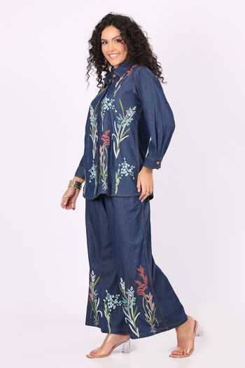 Buy_Soniya G_Blue Denim Embroidery Collared Shirt And Palazzo Set 