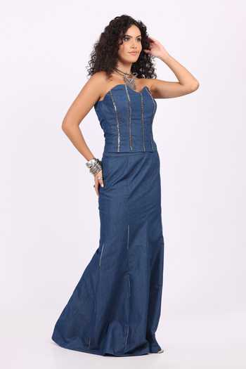 Soniya G_Blue Denim Sweetheart Neck Corset And Skirt Set _Online_at_Aza_Fashions