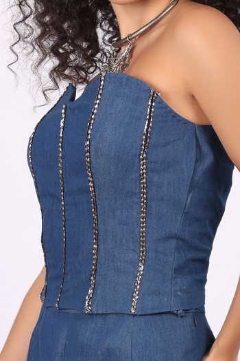 Shop_Soniya G_Blue Denim Sweetheart Neck Corset And Skirt Set _Online_at_Aza_Fashions
