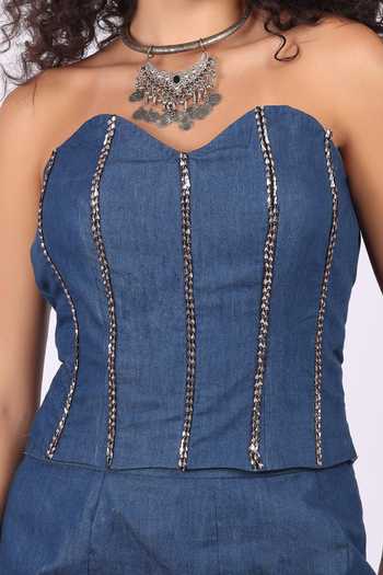 Soniya G_Blue Denim Sweetheart Neck Corset And Skirt Set _at_Aza_Fashions