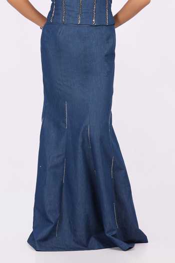 Buy_Soniya G_Blue Denim Sweetheart Neck Corset And Skirt Set 