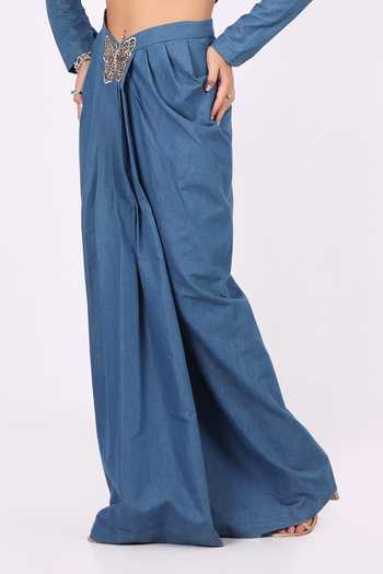 Buy_Soniya G_Sky Blue Denim Mandarin Collar Crop Top And Draped Skirt Set _Online_at_Aza_Fashions