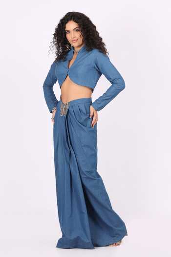 Shop_Soniya G_Sky Blue Denim Mandarin Collar Crop Top And Draped Skirt Set _Online_at_Aza_Fashions