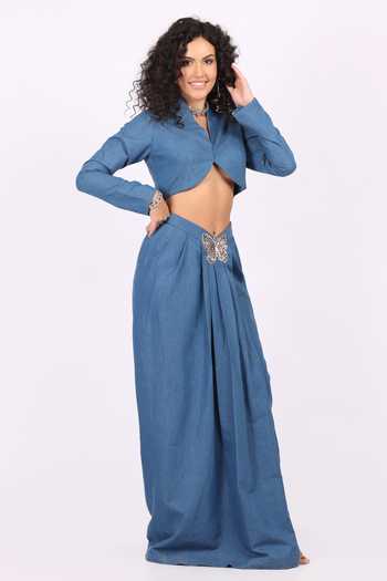 Soniya G_Sky Blue Denim Mandarin Collar Crop Top And Draped Skirt Set _at_Aza_Fashions