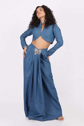 Shop_Soniya G_Sky Blue Denim Mandarin Collar Crop Top And Draped Skirt Set 
