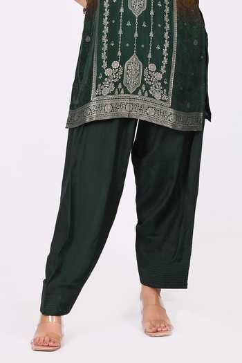 Buy_Soniya G_Green Cotton, Crepe Round Neck Embroidered Straight Kurta Set _Online_at_Aza_Fashions