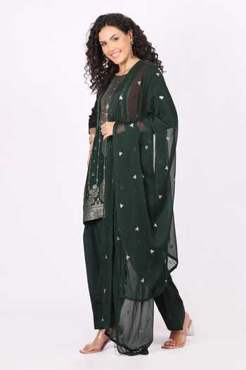 Buy_Soniya G_Green Cotton, Crepe Round Neck Embroidered Straight Kurta Set 