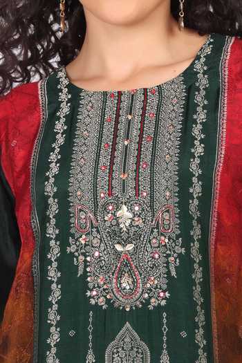 Shop_Soniya G_Green Cotton, Crepe Round Neck Embroidered Straight Kurta Set 