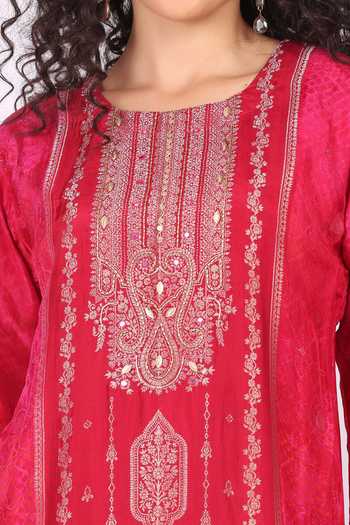 Shop_Soniya G_Magenta Cotton, Crepe Round Neck Floral Embroidered Straight Kurta Set  _Online_at_Aza_Fashions