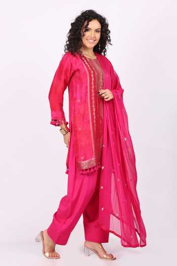 Buy_Soniya G_Magenta Cotton, Crepe Round Neck Floral Embroidered Straight Kurta Set 