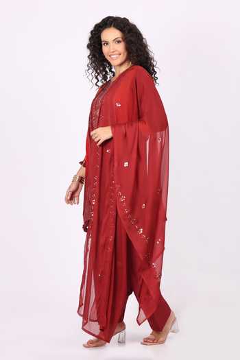 Buy_Soniya G_Red Cotton, Crepe Round Neck, Yes Embroidered Straight Kurta Set _Online_at_Aza_Fashions