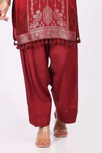 Shop_Soniya G_Red Cotton, Crepe Round Neck, Yes Embroidered Straight Kurta Set _Online_at_Aza_Fashions