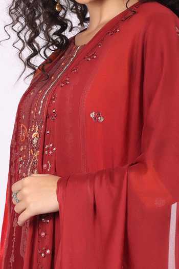 Buy_Soniya G_Red Cotton, Crepe Round Neck, Yes Embroidered Straight Kurta Set 