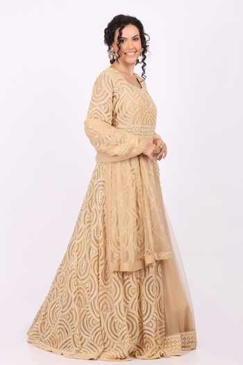 Soniya G_Gold Net Scoop Neck Tonal Embroidered Anarkali With Dupatta  _Online_at_Aza_Fashions