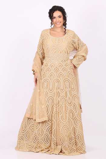 Buy_Soniya G_Gold Net Scoop Neck Tonal Embroidered Anarkali With Dupatta  _Online_at_Aza_Fashions