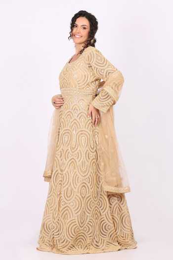 Shop_Soniya G_Gold Net Scoop Neck Tonal Embroidered Anarkali With Dupatta  _Online_at_Aza_Fashions