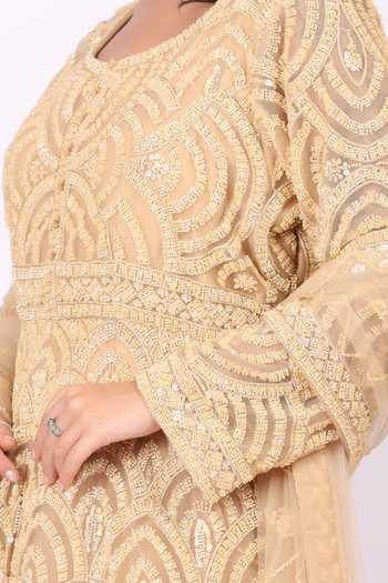 Buy_Soniya G_Gold Net Scoop Neck Tonal Embroidered Anarkali With Dupatta  