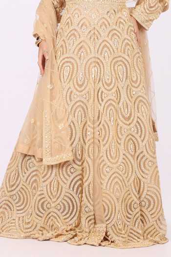 Shop_Soniya G_Gold Net Scoop Neck Tonal Embroidered Anarkali With Dupatta  