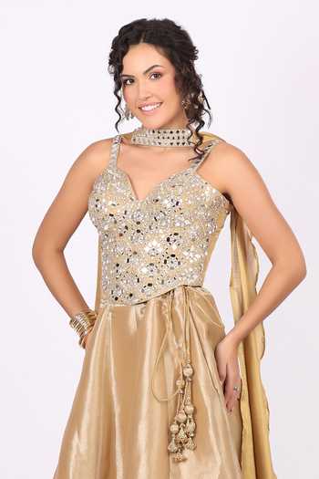Soniya G_Gold Tissue Sweetheart , Choker Mirror Embellished Lehenga Set _Online_at_Aza_Fashions
