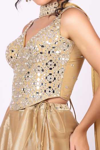 Buy_Soniya G_Gold Tissue Sweetheart , Choker Mirror Embellished Lehenga Set _Online_at_Aza_Fashions