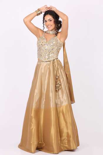 Shop_Soniya G_Gold Tissue Sweetheart , Choker Mirror Embellished Lehenga Set _Online_at_Aza_Fashions