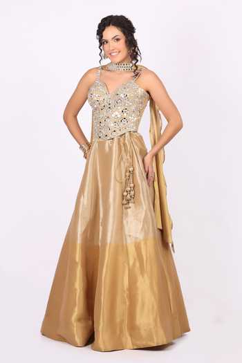 Soniya G_Gold Tissue Sweetheart , Choker Mirror Embellished Lehenga Set _at_Aza_Fashions