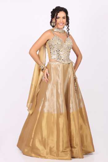 Shop_Soniya G_Gold Tissue Sweetheart , Choker Mirror Embellished Lehenga Set 