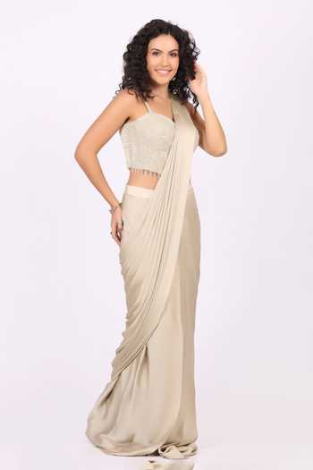 Soniya G_Beige Satin, Modal Sweetheart Neck Pre-draped Saree And Embellished Blouse Set _Online_at_Aza_Fashions