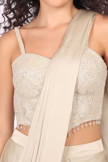 Buy_Soniya G_Beige Satin, Modal Sweetheart Neck Pre-draped Saree And Embellished Blouse Set _Online_at_Aza_Fashions