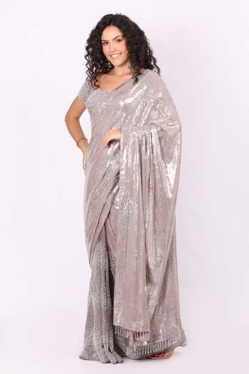 Soniya G_Silver Net Sweetheart Neck Sequinned Pre-draped Saree And Blouse Set _Online_at_Aza_Fashions