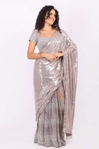 Shop_Soniya G_Silver Net Sweetheart Neck Sequinned Pre-draped Saree And Blouse Set _Online_at_Aza_Fashions